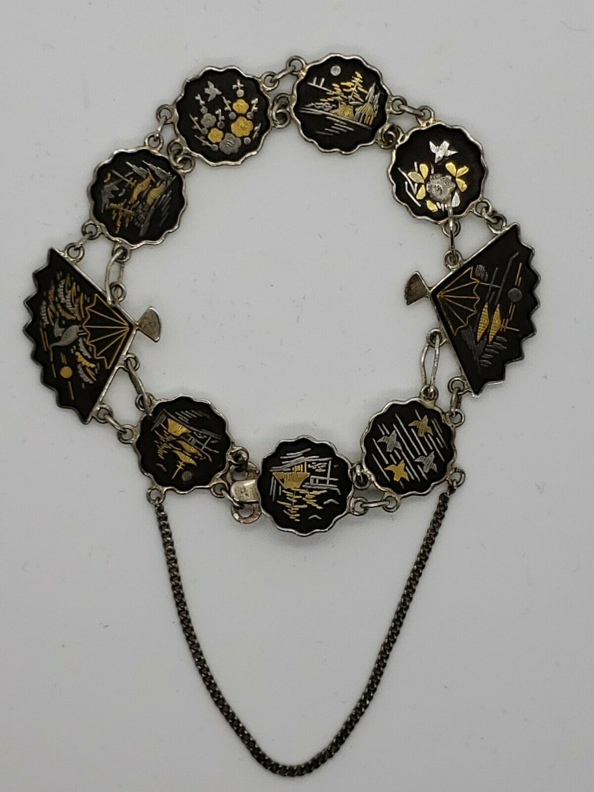 WWII Era Silver Japanese Bracelet Amita Damascene Shakudo Decorati - Image 2