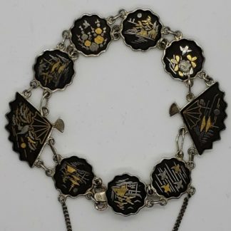 WWII Era Silver Japanese Bracelet Amita Damascene Shakudo Decorati