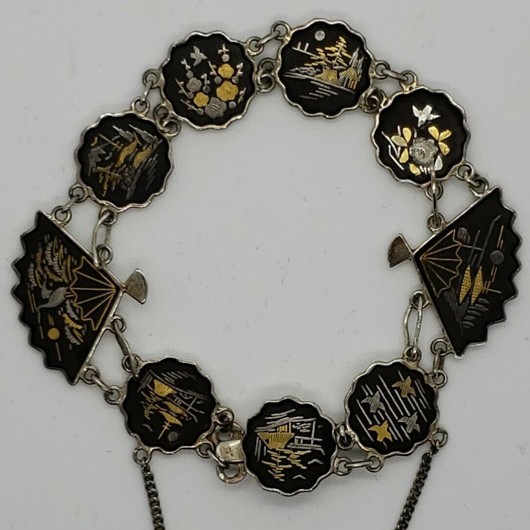 WWII Era Silver Japanese Bracelet Amita Damascene Shakudo Decorati