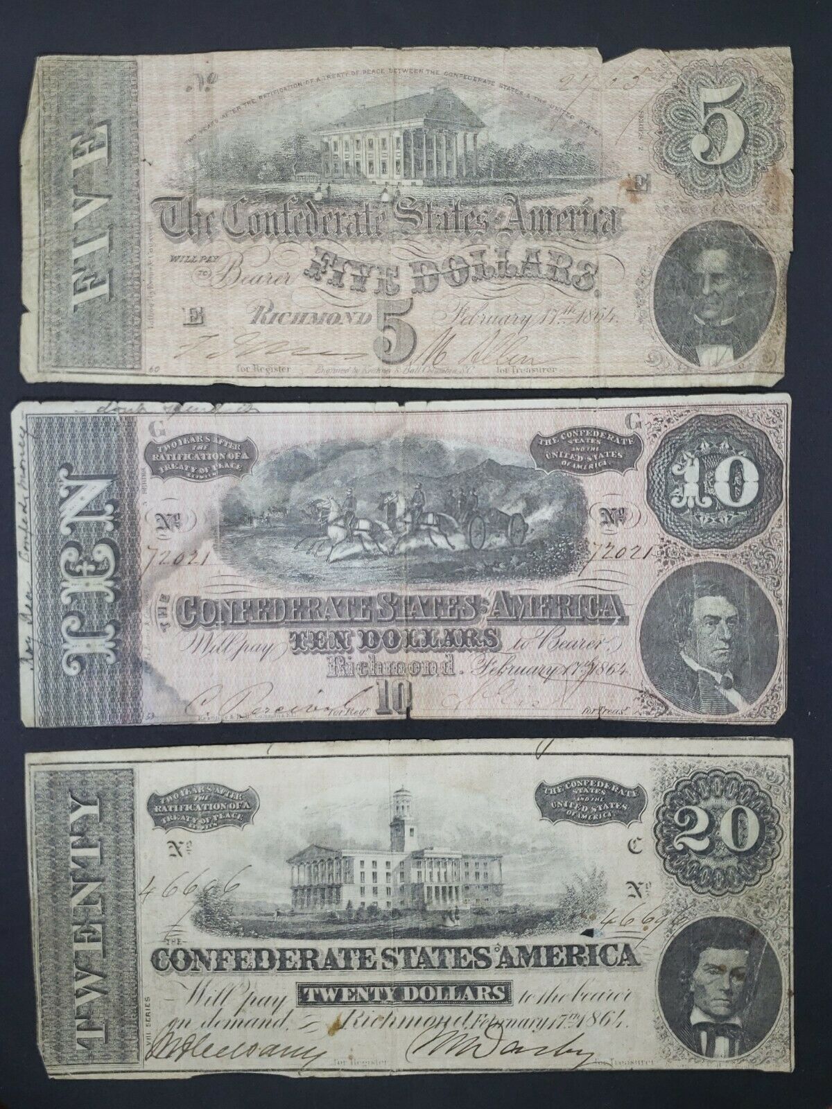 Lot of Three 1864 Confederate Notes; C.S.A. Currency From Late Civil War Era - Image 2
