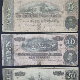 Lot of Three 1864 Confederate Notes; C.S.A. Currency From Late Civil War Era
