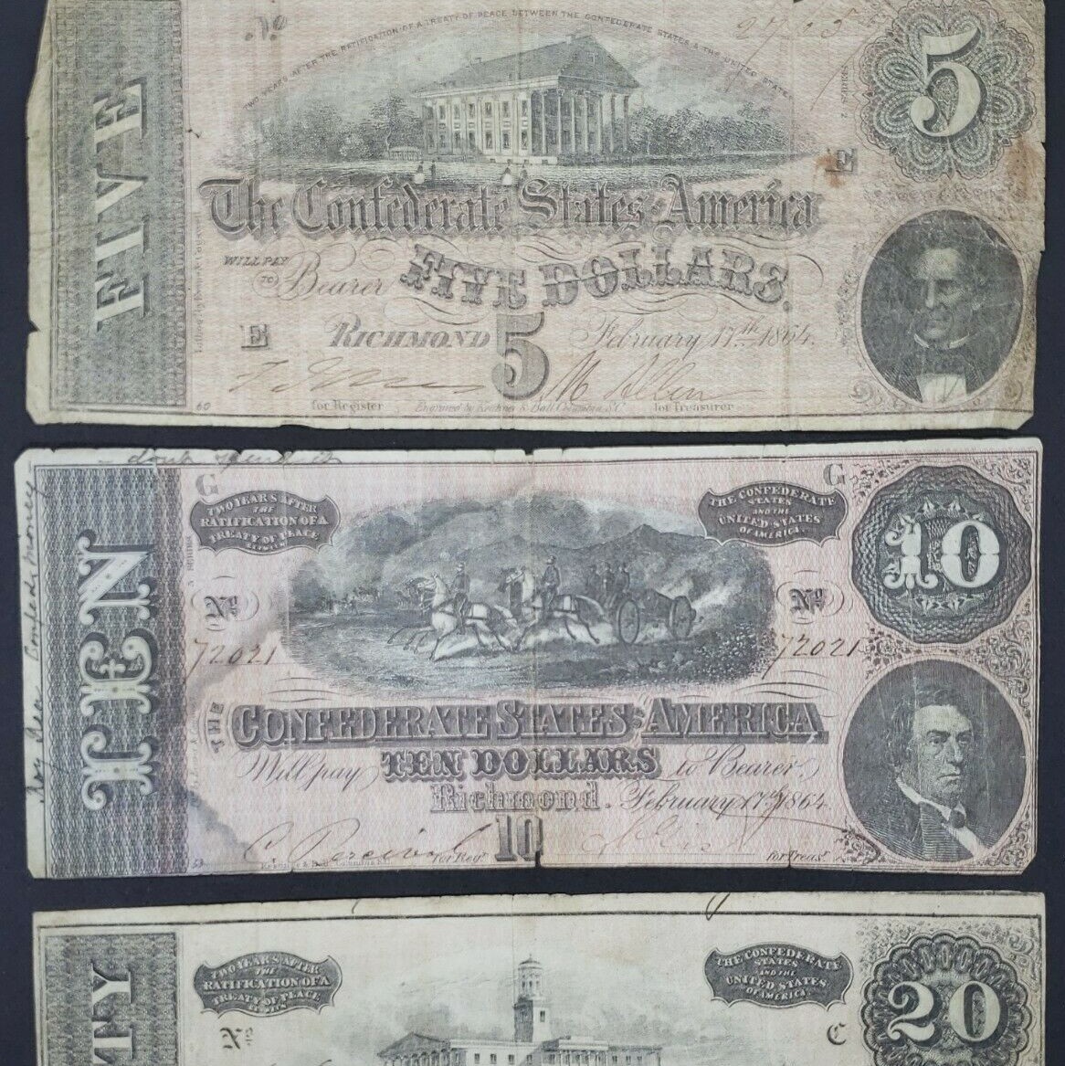 Lot of Three 1864 Confederate Notes; C.S.A. Currency From Late Civil War Era