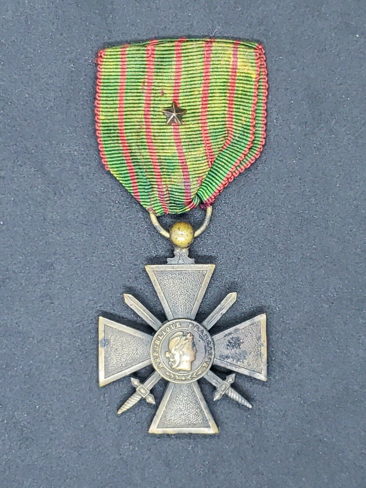 WWI Era French Croix de Guerre War Cross With Ribbon Star - Image 2