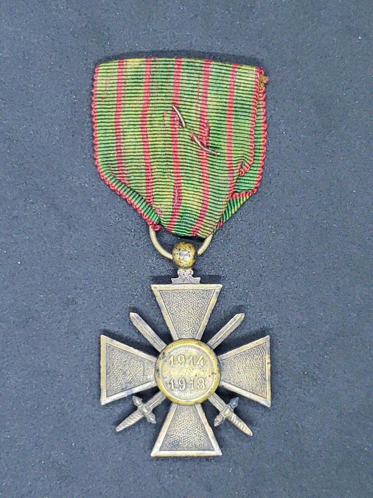 WWI Era French Croix de Guerre War Cross With Ribbon Star - Image 3