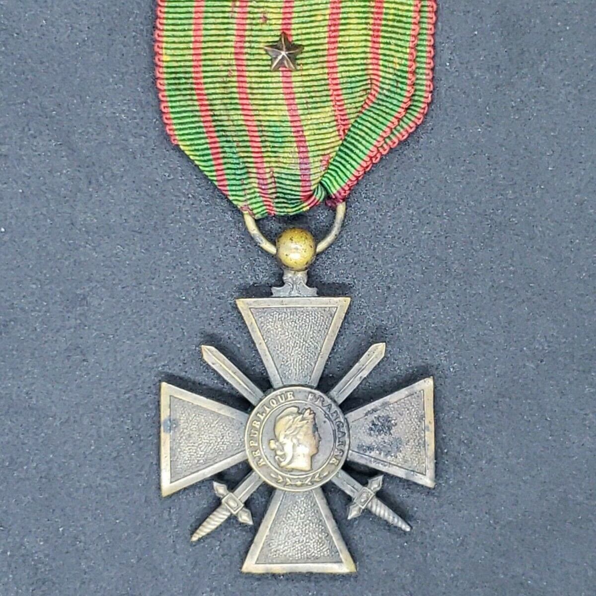 WWI Era French Croix de Guerre War Cross With Ribbon Star